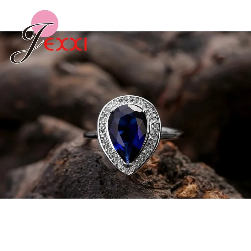 Luxurious and Generous Water Drop Shape Ocean Blue Crystal Stone Ring Shopping Match Outfit Jewelry 925 Sterling Silver