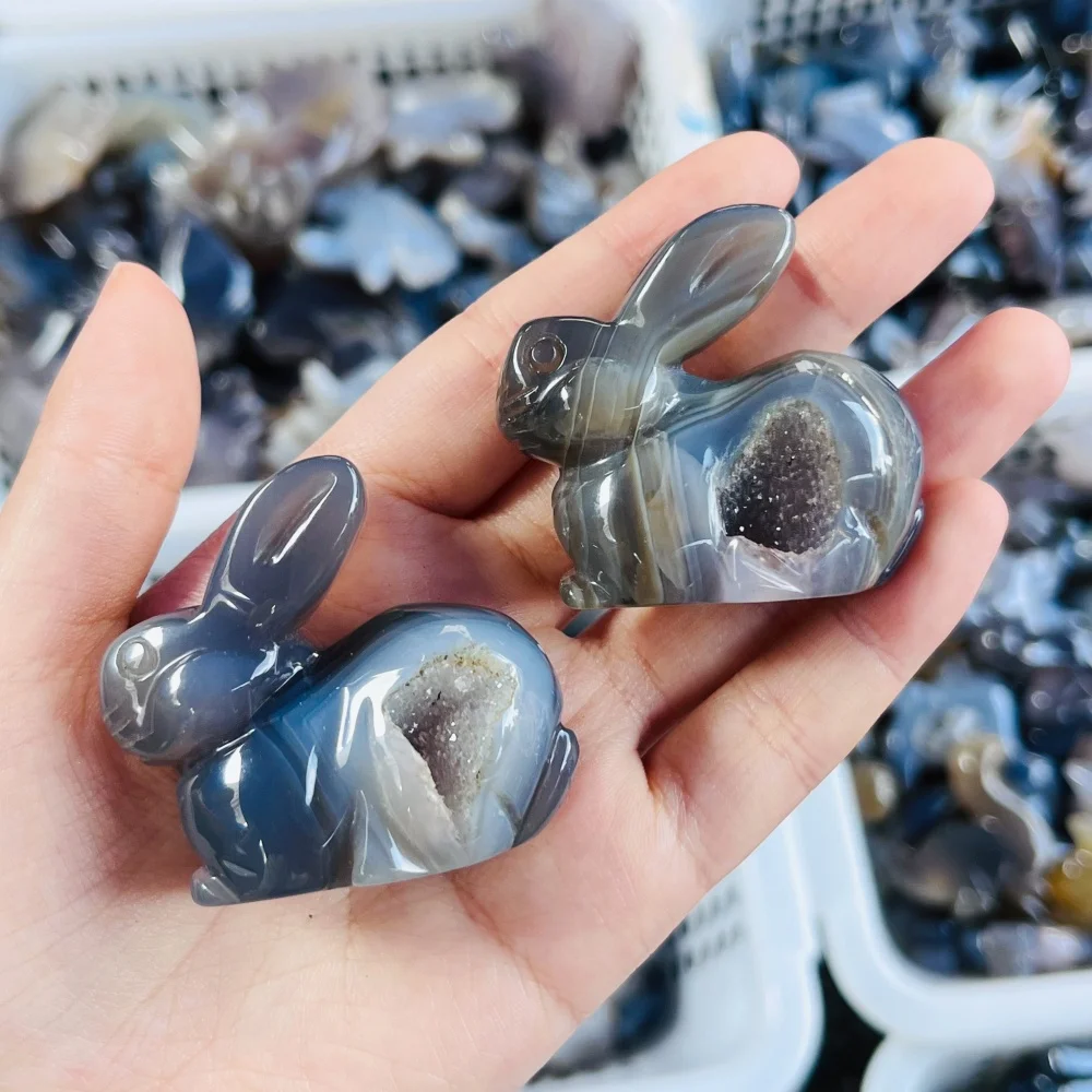 2PCS Natural Agate Geode Rabbit Animal Carving Polished Reiki Healing Fengshui Energy Room Decor High-Quality Gift