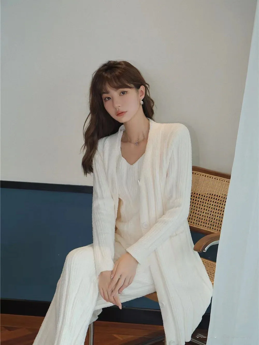 Women's Three-Piece Set Winter Pajamas Soft and Fluffy Breathable Sweater Sleepwear Cardigan Top Long Pants Cozy Lounge Wear Set