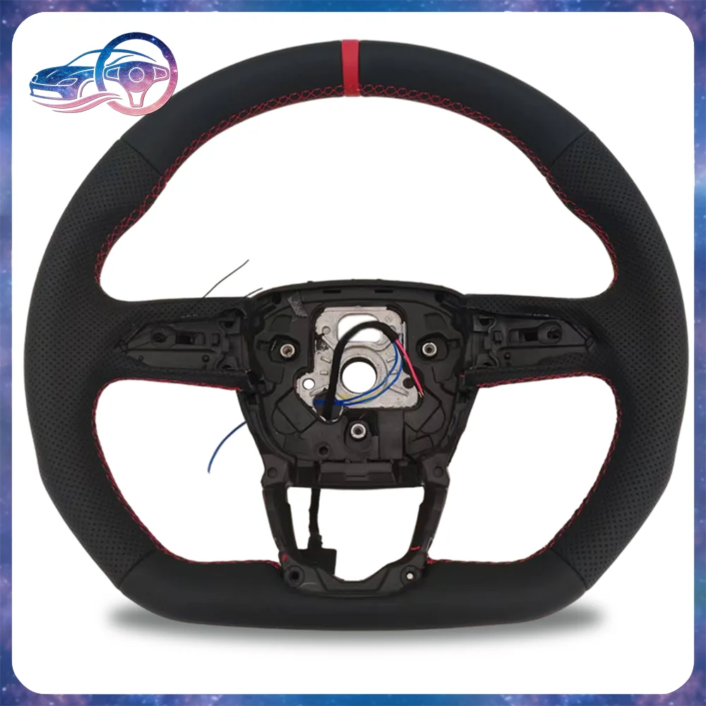 Genuine Full Leather  Steering Wheel With Heating for Audi Q5L Red Strip Perforated Design with Red Emblem Stitching