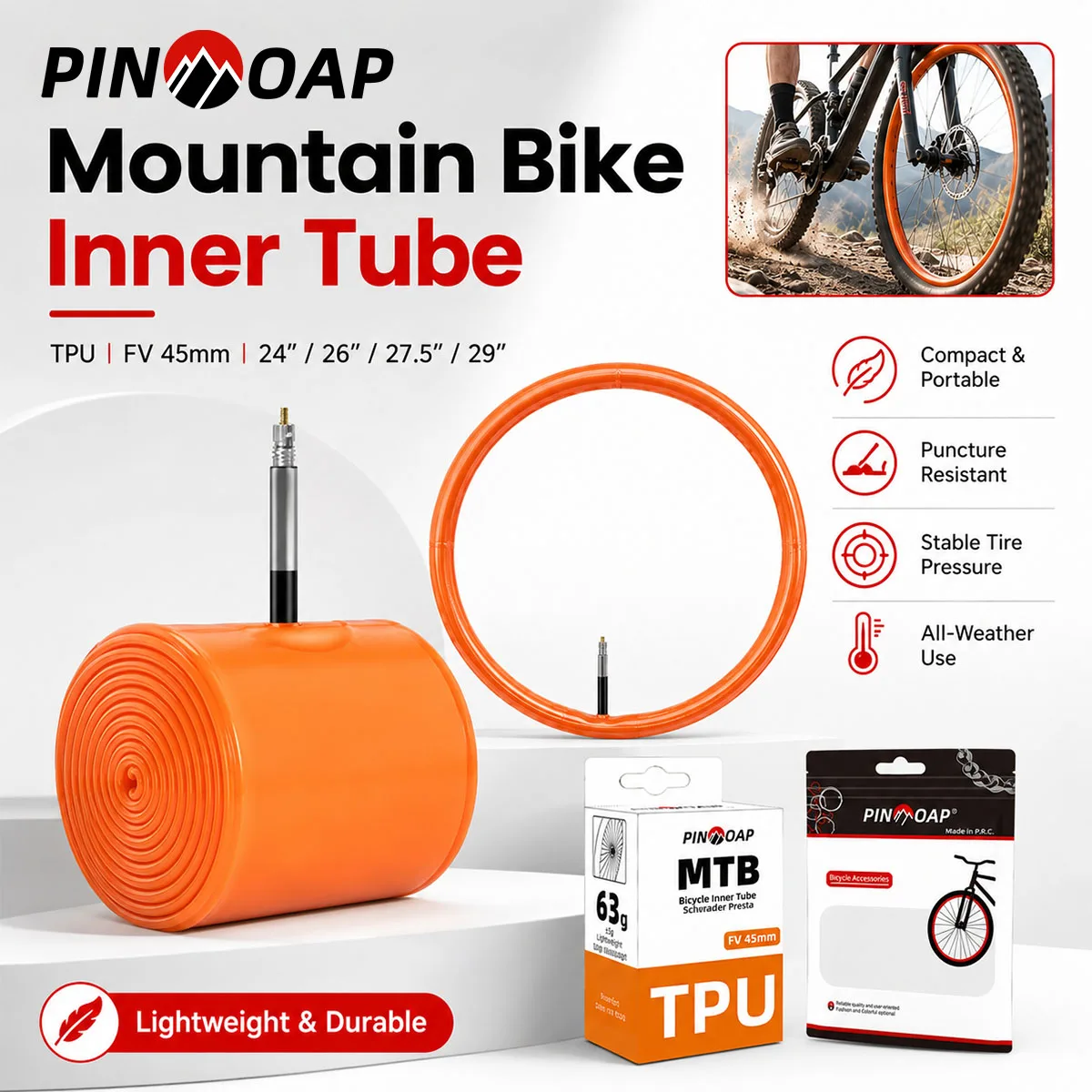 PINMOAP 1/2/5/10 Stück Leichter TPU-Innenschlauch Mountainbike-Reifen-Ersatzschlauch 24/26/27,5/29'' MTB Fahrrad-Luftschlauch – Detail 1