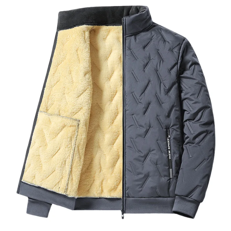 Jaket musim dingin pria baru berbahan wol domba dengan lapisan katun tebal dan beludru hangat untuk luar ruangan, jaket katun kerah tegak untuk salju