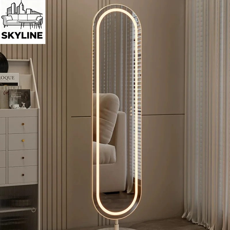 Cream led full-body full-length mirror with lamp rotating floor mirror home living room fitting mirror