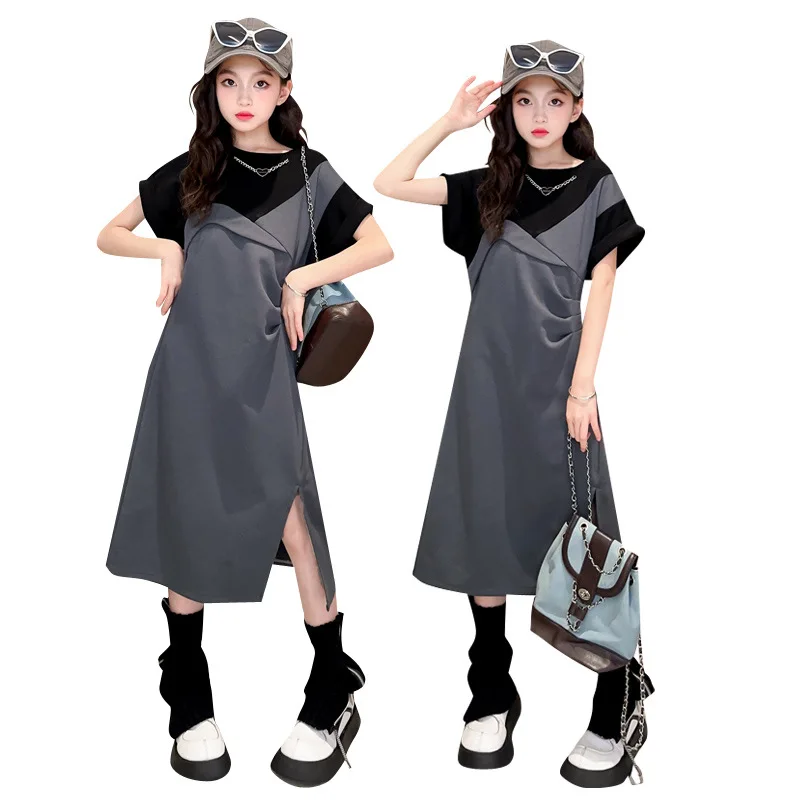 2025 الكورية الصيف المراهقات فتاة فستان من قطعة واحدة الأطفال فتاة التباين فستان مستقيم فساتين الاطفال فستان أنيق لفتاة