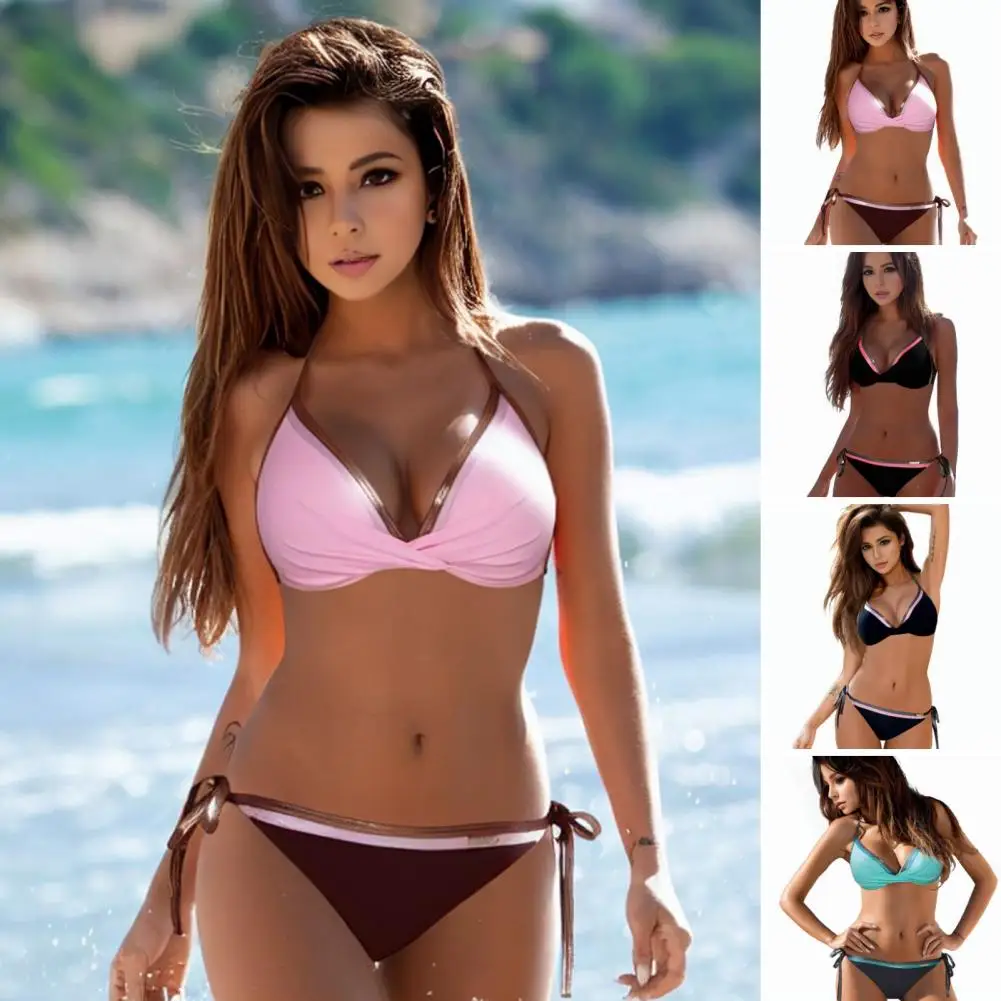 Halterneck Lace-up Swimsuit Lace-up Beachwear Set Women's Lace-up Halter Bikini Set with Contrast Color Low-rise for Summer