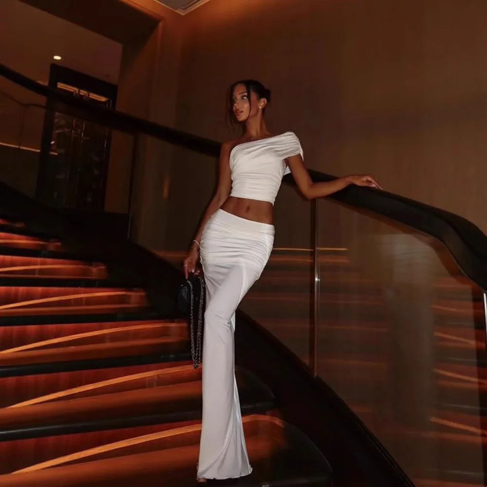 

SKMY Solid Color 2025 Sexy One Shoulder Chest Wrapped Crop Tops High Waist Long Skirts Elegant Two Piece Sets Women Outfits