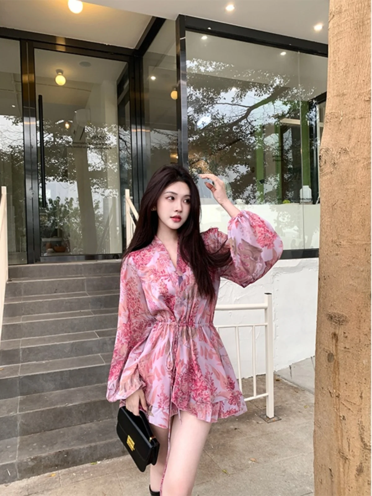 

plus Size Women's Romantic Floral V-Ne Long Sve Chiffon Dr A-Line Skirt Spring New Sle Korean Sle Slim Fit