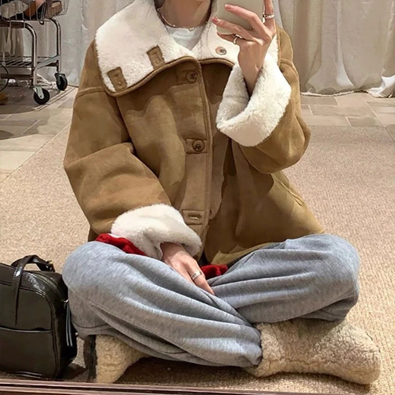 Petite Lazy Style Fleece-Lined Thick Warm Jacket for Women, Autumn and Winter, Fashionable, Age-Reducing, Slimming Cotton Coat