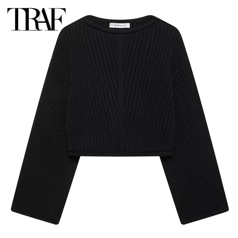 TRAF Crop Black Knitwear Women's Sweater Autumn Winter O-Neck Pullover Women's Jumper Long Sleeve Top Chic Ribbed Knit Pullovers