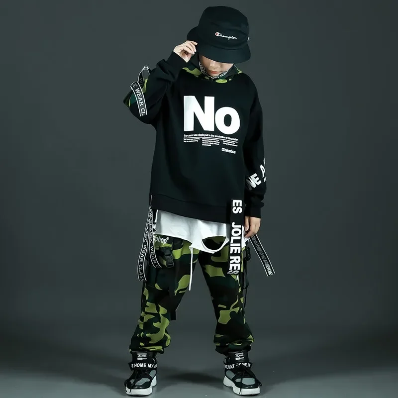 Hip-hop Rehearsal Clothes Youth Boys Skateboarding Performance Clothes Spring and Autumn Green Camouflage Sports Suits 6-15