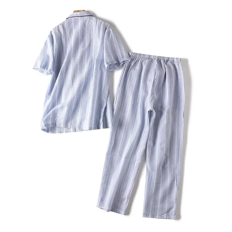 Men's Pajamas Summer Short Sleeve Trousers Lapel Cardigan Seersucker Thin Relaxed Simple Leisure Loungewear