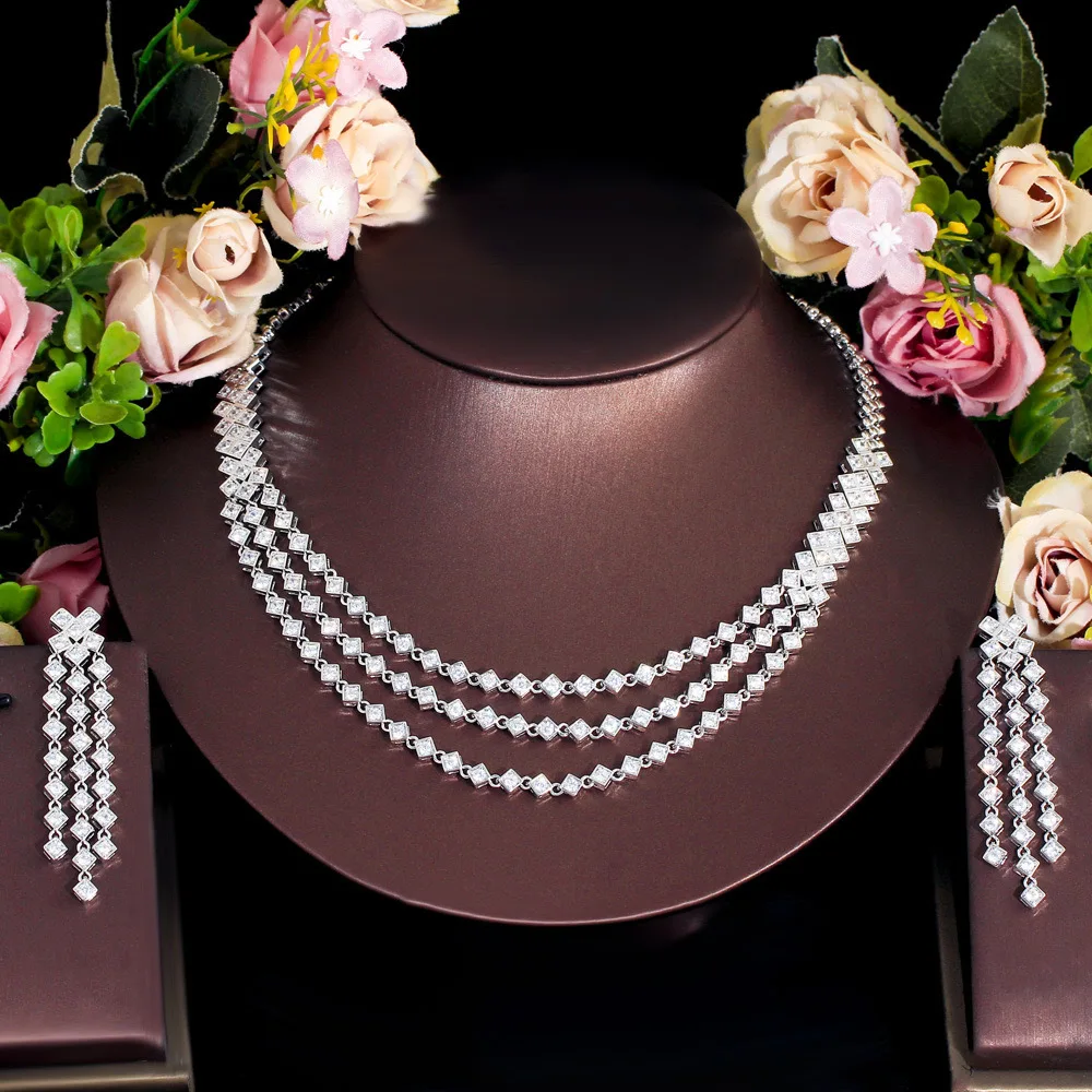 

High Quality Tone 3-Layer Square Cubic Zirconia Jewelry Set for Women Wedding Luxury Crystal Necklace Earrings Bridal Jewelry