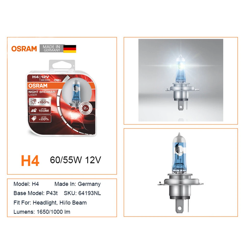 OSRAM Night Breaker Laser H4 HB2 64193NL P43t Next Generation Halogen Headlight 12V 60/55W 3700K +150% Bright Auto Bulbs (Pair)