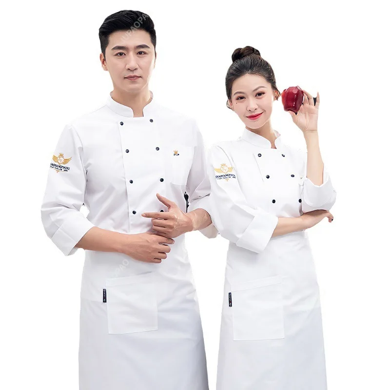 Stand Collar Long Sleeves Chef Uniform Double Breasted Patch Pocket Chef Jacket Women Men Service Bakery Breathable Chef Shirt