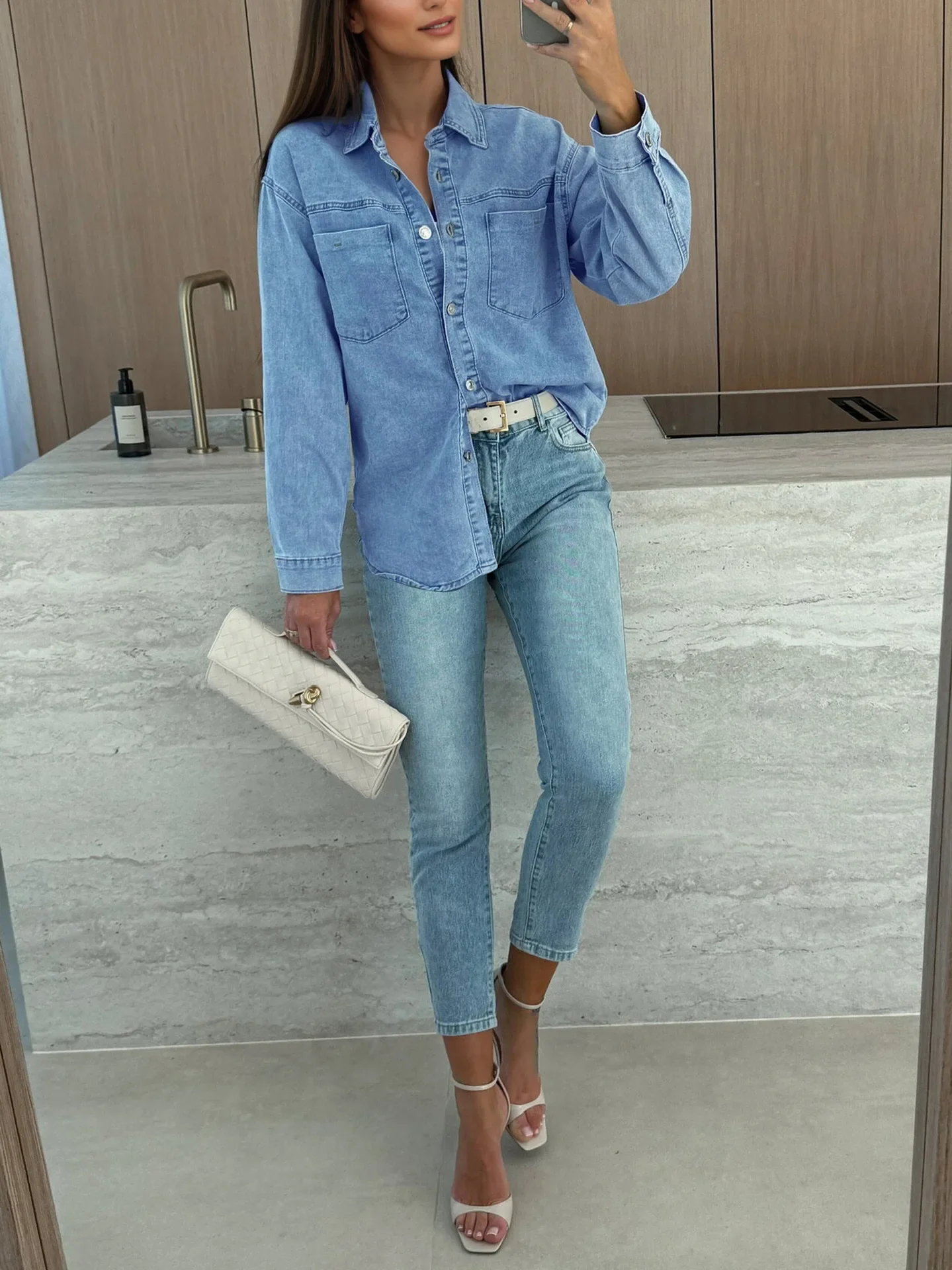 デニムシャツトップス レディース ヴィンテージ ウォッシュドブラウス シングルブレスト Y2K ターンダウンカラー ブラウス オーバーシャツ ストリートウェア 2025 秋