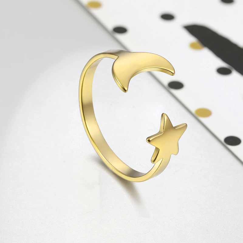 Kkjoy Minimalist Stainless Steel Moon Star Adjustable Open Ring For Women Gold Color Wedding Birthday Gifts Jewelry Wholesale