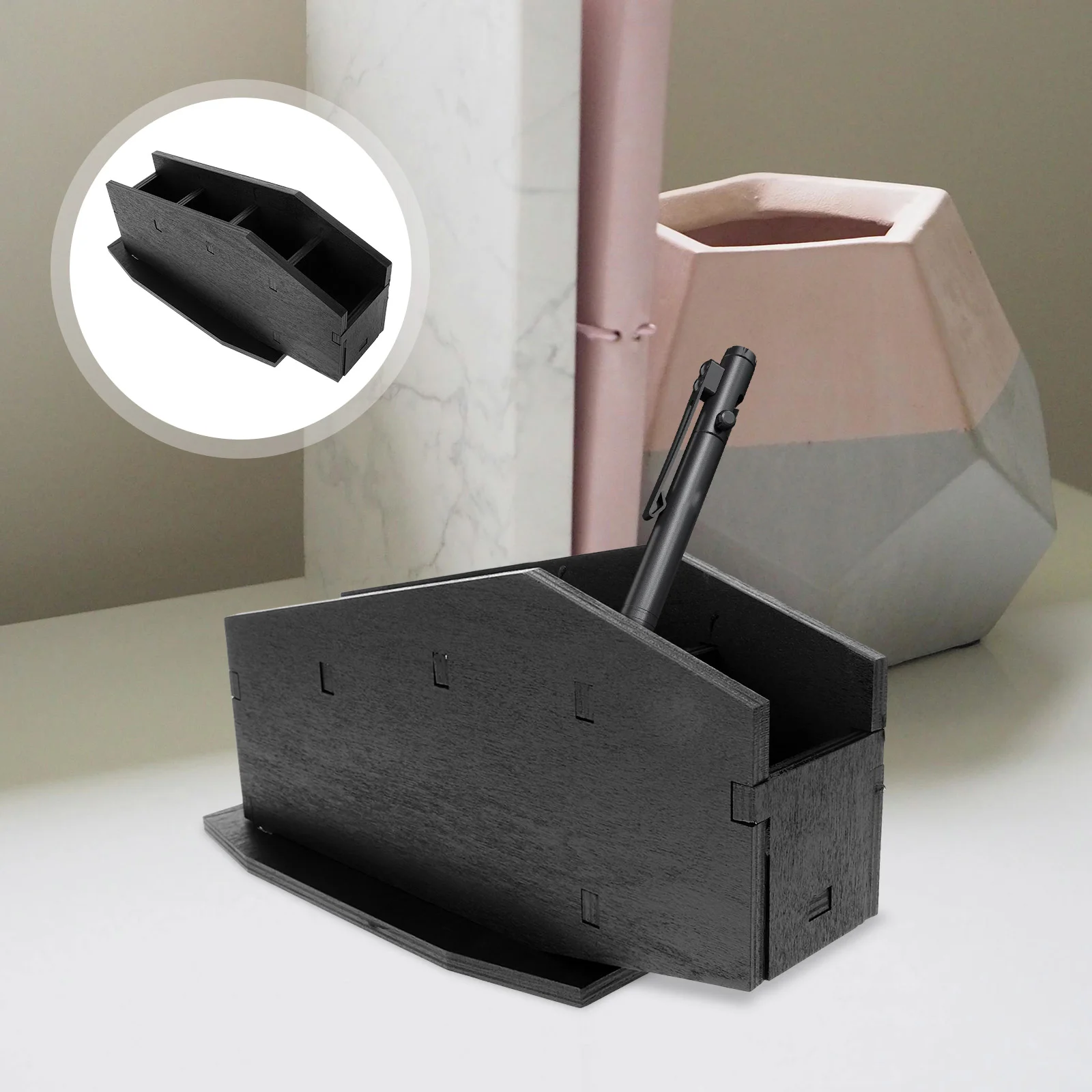 Gothic Style Coffin Pen Holder Pencil Container Wood Bucket Makeup Brush Organizer Desktop Storage For Cup