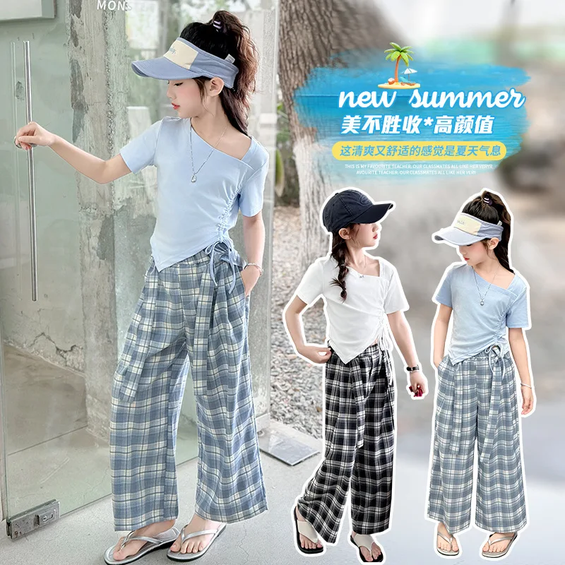 

Летний комплект одежды для девочек-подростков 4-6-13-14 лет: хлопковая футболка с асимметричным кроем + широкие брюки в клетку, 2 предмета, детский костюм для девочек.