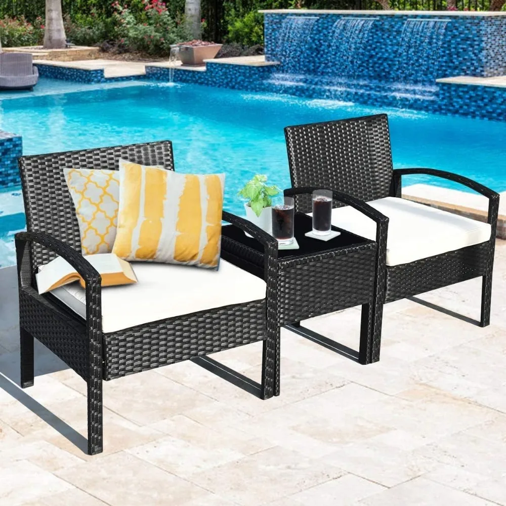 

3-piece terrace conversation set, outdoor rattan table and chair set with seat cushion, modern small bar furniture