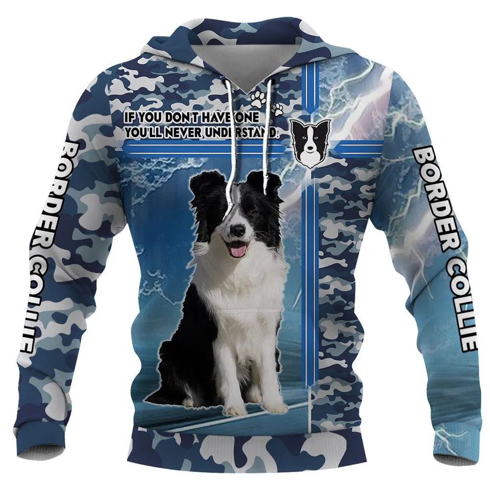 

HX Border Collie Pocket Hoodie 3D Graphic Blue Camouflage Hoodies Fashion Man Pullover Tops Harajuku Streetwear Sportswear