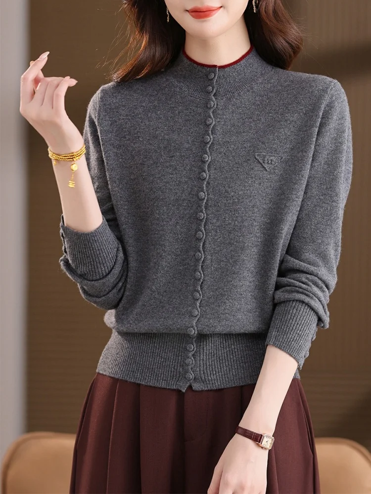 Birdtree ، سترة محبوكة من صوف الأغنام 100% ، بلوزات نسائية ناعمة برقبة وهمية دافئة ، كم كامل ، بلوفر شتوي لخريف وشتاء 2025 T5N403JF