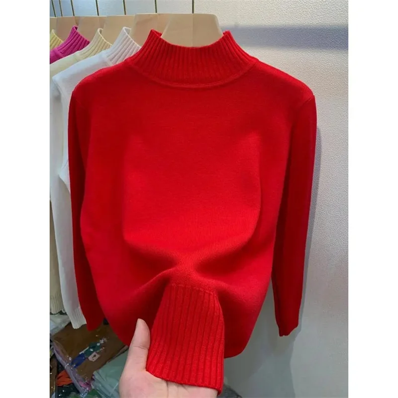 Herfst Winter Mock Hals Vrouwen Trui Vintage Basic Effen Gebreide Koreaanse Tops Casual Slanke Trui Truien Eenvoudige Chique Jumpers