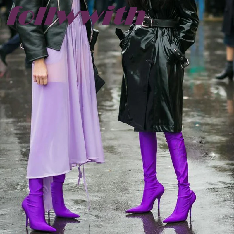 Bottes violettes solides et concises à talons aiguilles pour femme, chaussures au dessus du genou, Style Catwalk, mode moderne, nouvelle collection hiver