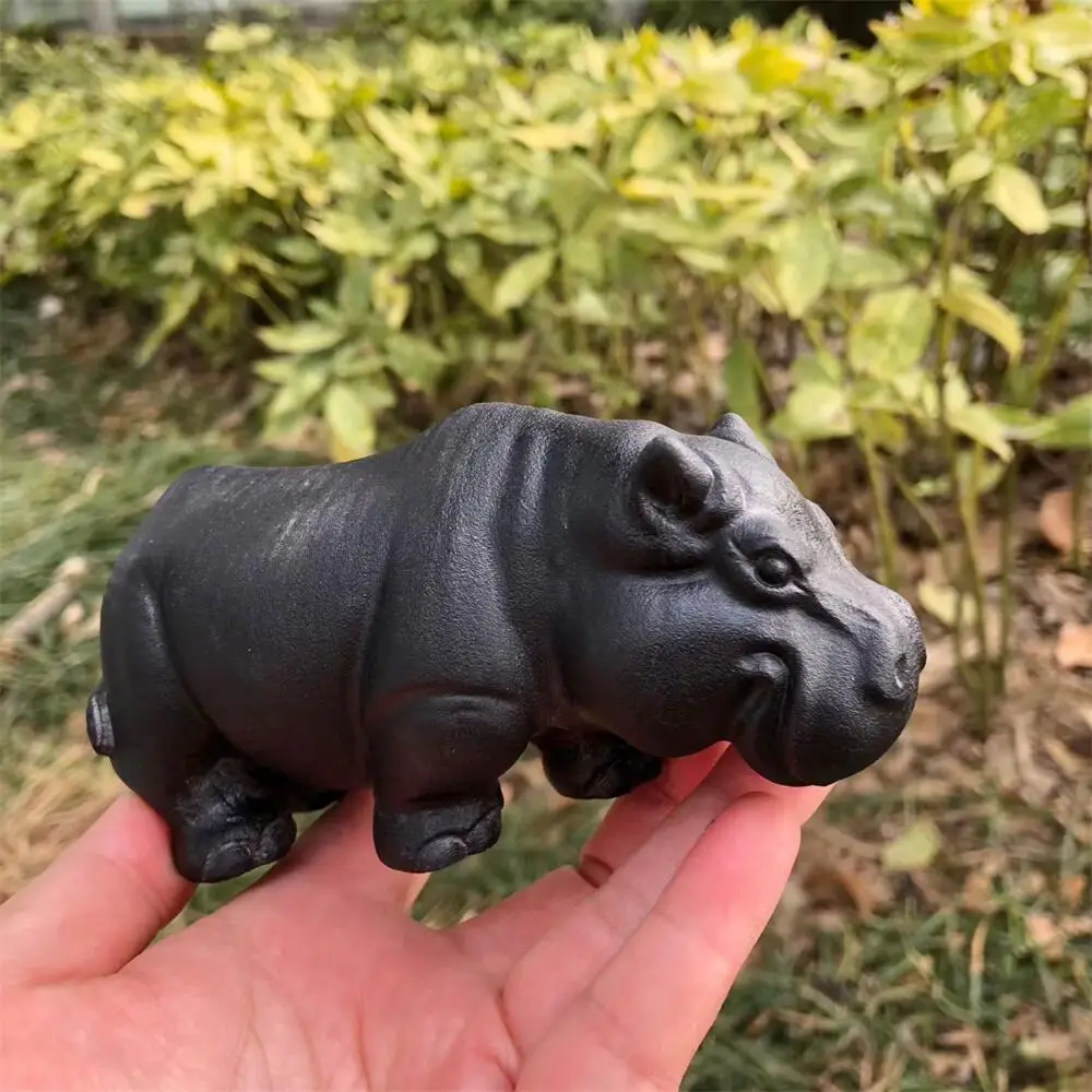 Natural Black Obsidian Hippo Crystal Quartz Carving Healing Polished Mineral Home Decoration Ornament
