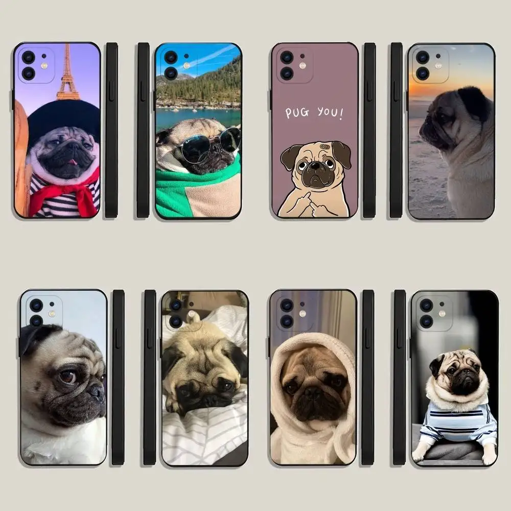 Capa de telefone pug dog buldogue francês para iphone16,15,14,13,12,11,plus,pro max,xs,x,xr,se,mini,8,7 capa preta de silicone macio
