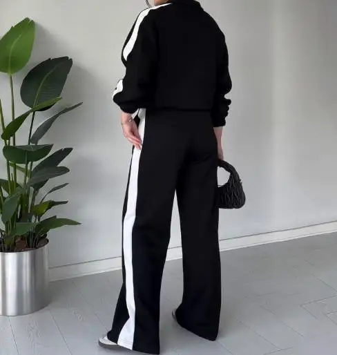 

Women's Comfy Loungewear Set: Half - Zip Pullover with Drawstring Hem & Contrast - Trim Wide - Leg Pants