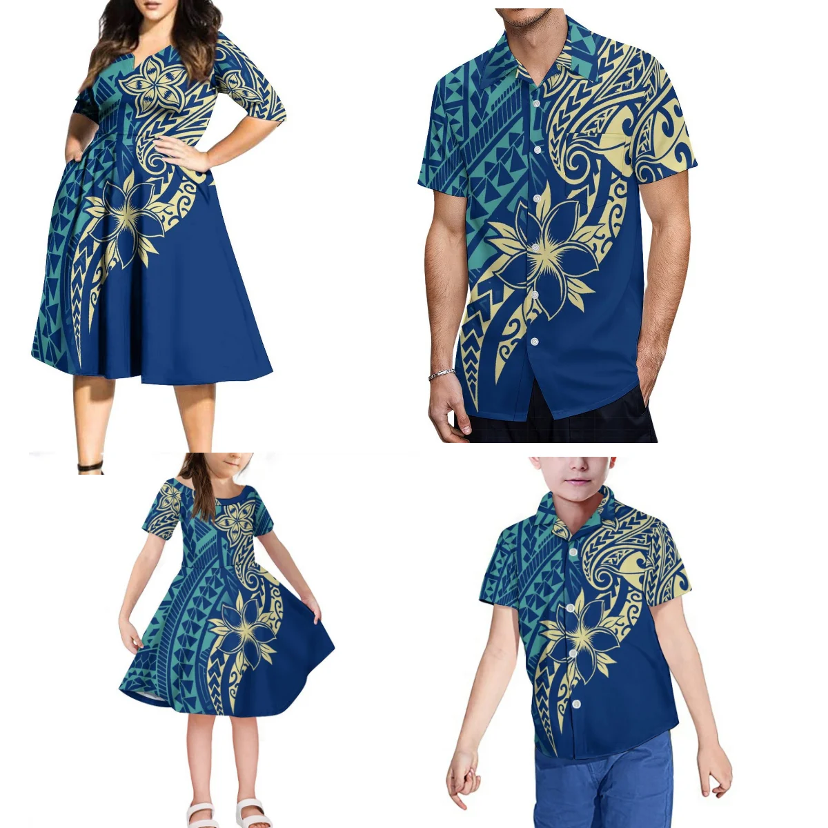 

Custom Samoan Family Party Set Polynesian Tribeswoman Plus Size Mid-Sleeve Dress And Men'S Shirt Fashion Top Children'S Clothing