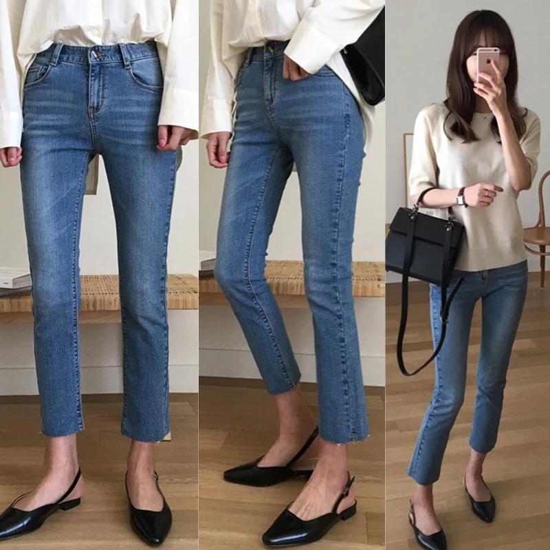 Casual Korean Sle Women's Jeans Elastic Slim Fit Summer Vintage High Waist Straight Leg Cotton Stretch Denim Pants