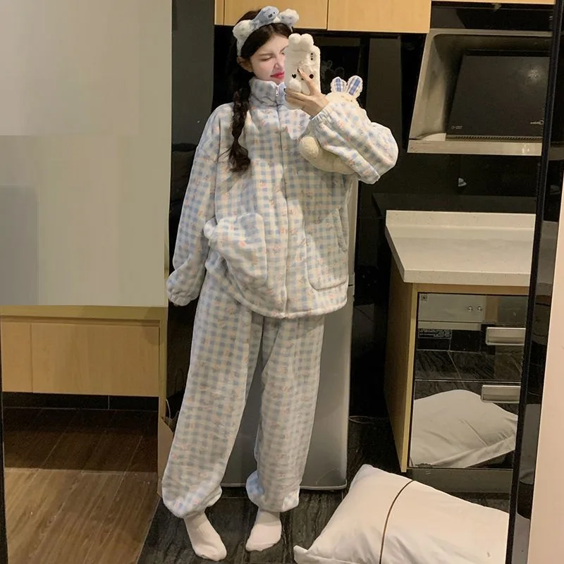 

Зимние пижамы из кораллового флиса для девочек, утепленный пижамный комплект, фланелевая домашняя одежда, которую можно носить в качестве верхней одежды, сохраняет тепло, студенческий сладкий комплект одежды для сна