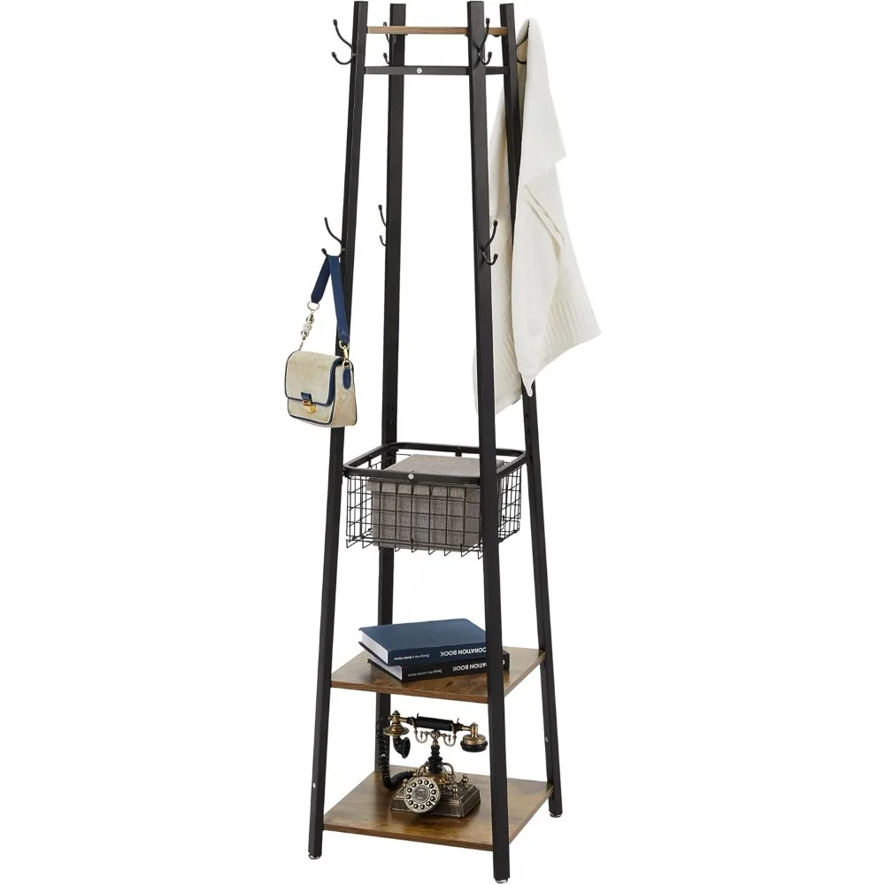 

Coat Rack Freestanding, Entryway Clothes Stand with Metal Basket and 2 Shelves, Upgrade Hall Trees with 8 Dual Hooks for Bags,