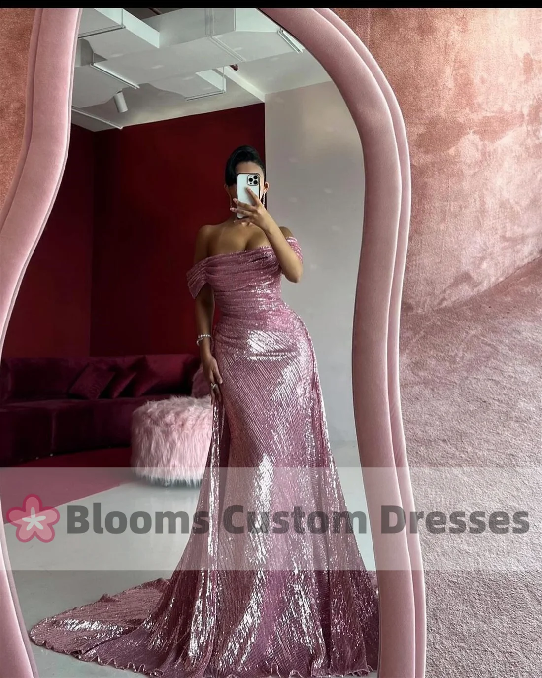 Blooms Peach Pink Shiny Mermaid Customized Evening Dresses For Formal Occasion Party Gown Off Shoulder Prom Dress 2024 Newest