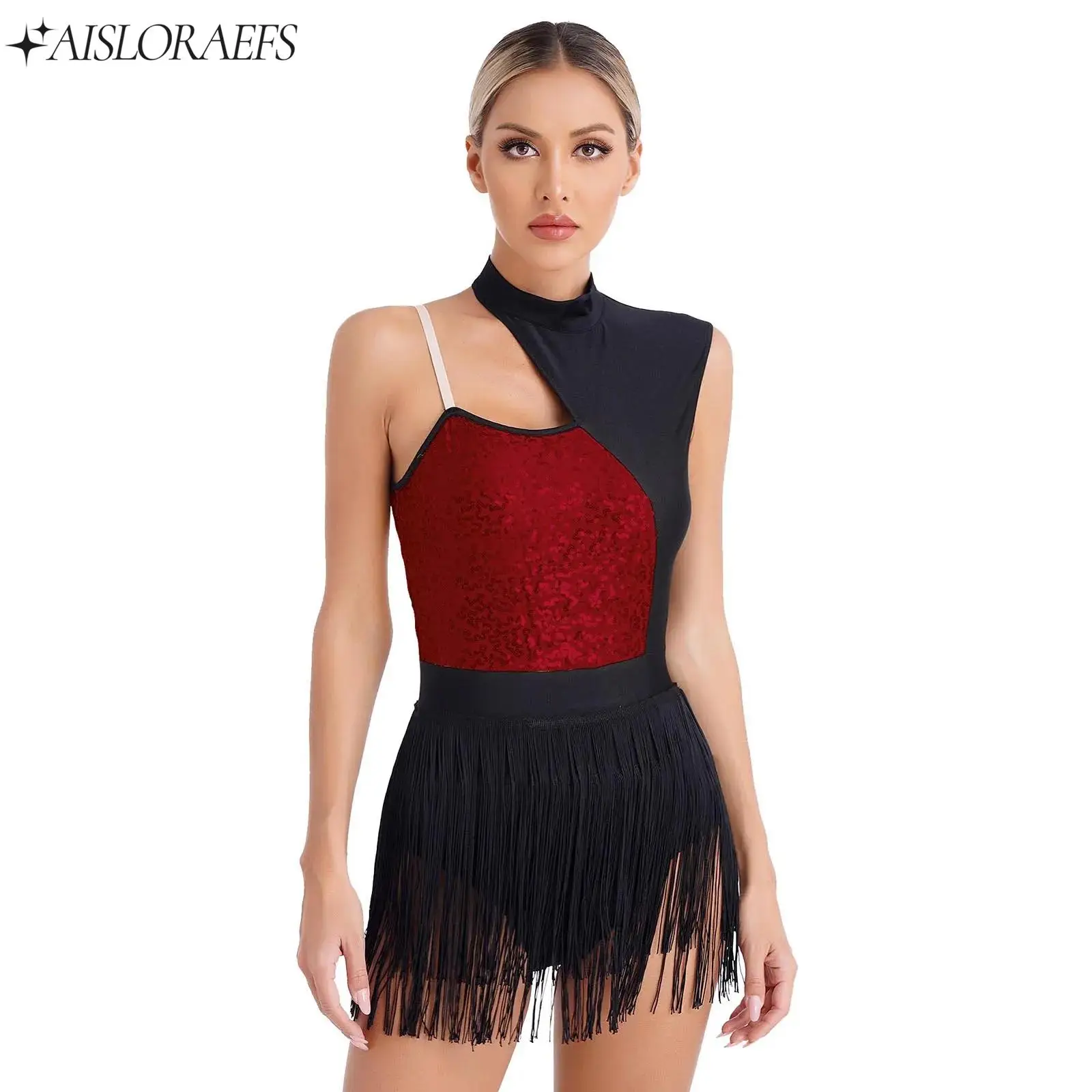 

Womens Sleeveless Sequins Tassel Latin Ballet Dance Dress Leotard Tango Rumba Samba Cha-Cha Figure Skating Performance Costume