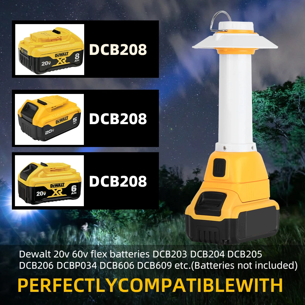 Lampu Lentera 800LM Kompatibel dengan Baterai Dewalt, Lampu Lentera Portabel untuk Berkemah di Luar Ruangan dengan Pengait, Output USB dan Tipe-C (Tanpa Baterai)