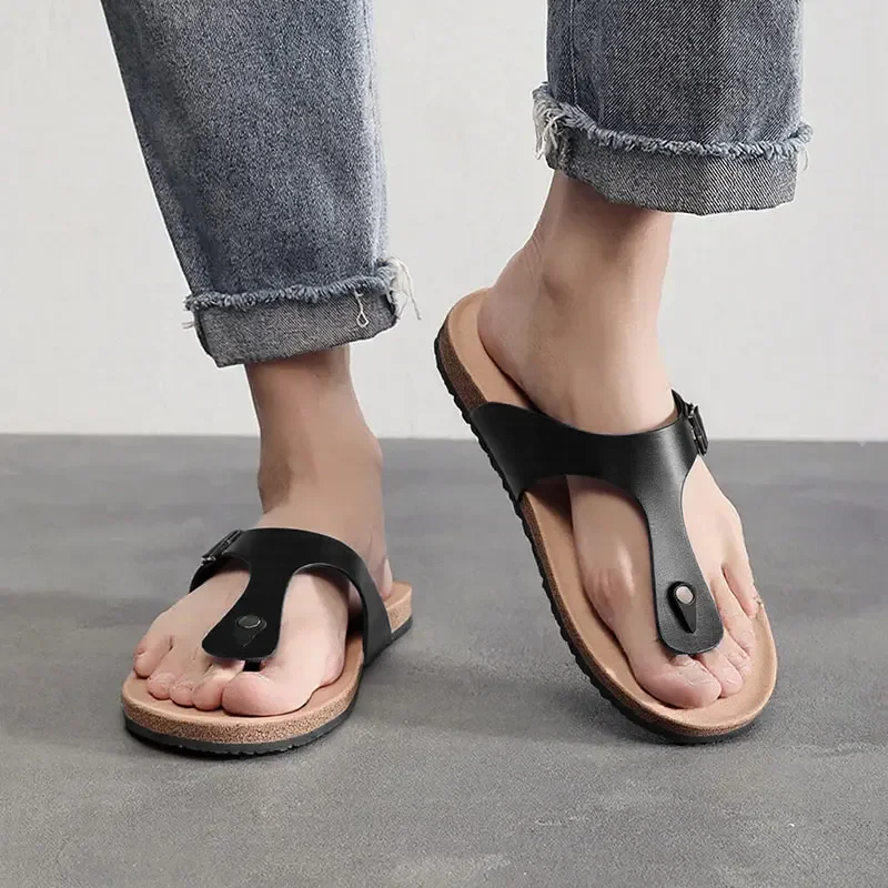 

Роскошные парные сандалии из натуральной кожи, размеры 35–46, противоскользящие ортопедические тапочки унисекс с пробковой ножкой и поддержкой свода стопы