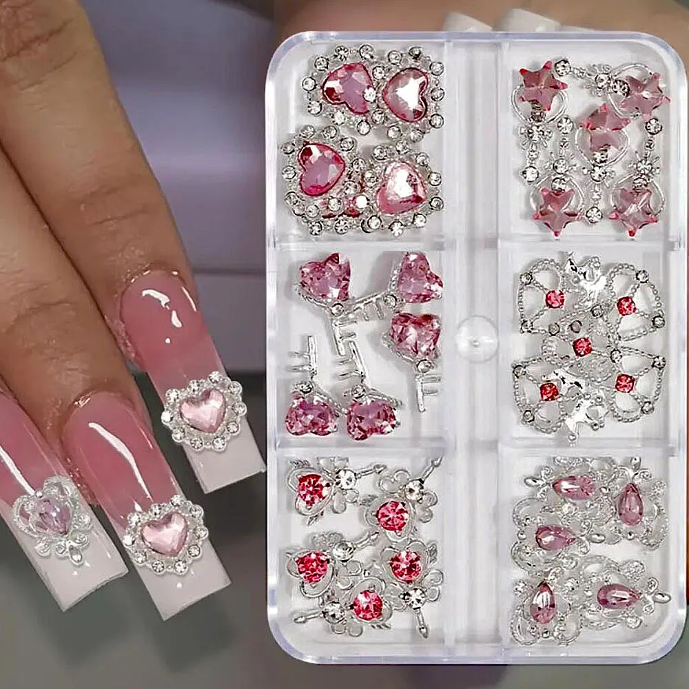 30 stuks Cupido Hart Sleutel Fee Wand Nagel Gem Decoratie Roze Hart Steentjes Nagel Charmes Zilverachtige Bas Kristallen Manicure Sieraden