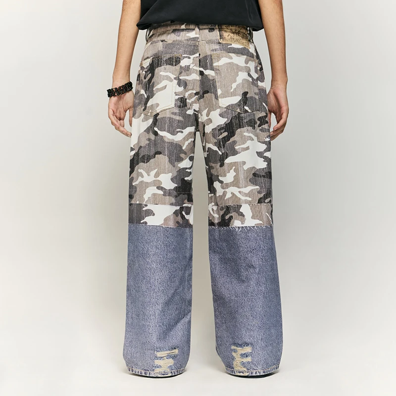 Retro Tattered Jeans Stitched Camouflage Printed Jeans Men and Women Street Fashion Brand Loose Wide-Leg Draggle-Tail Trousers