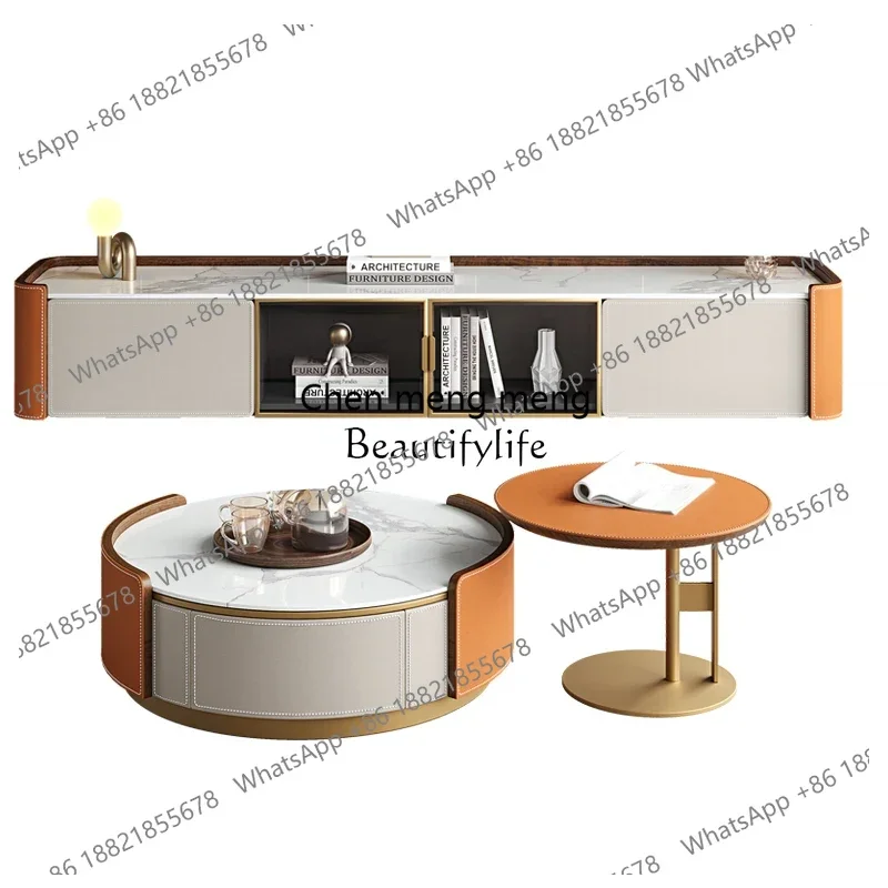 

Light luxury minimalist saddle skin rock slab round TV cabinet size round coffee table combination