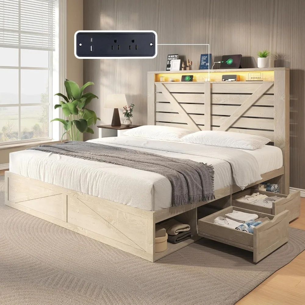 

AMERLIFE Farmhouse Bed Frame with 4 Drawers & 4 Open Storage Space, Queen Size Storage Bed with LED Light & Charging Station, Wo