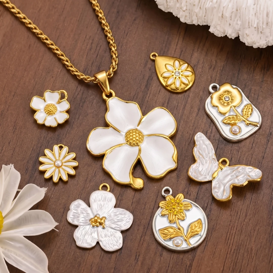 2 Stück PVD-Gold Edelstahl Blumen- und Schmetterlingsanhänger mit Emaille für DIY Vintage Armband, Ohrringe, Halskette, Schmuckherstellung – Detail 1