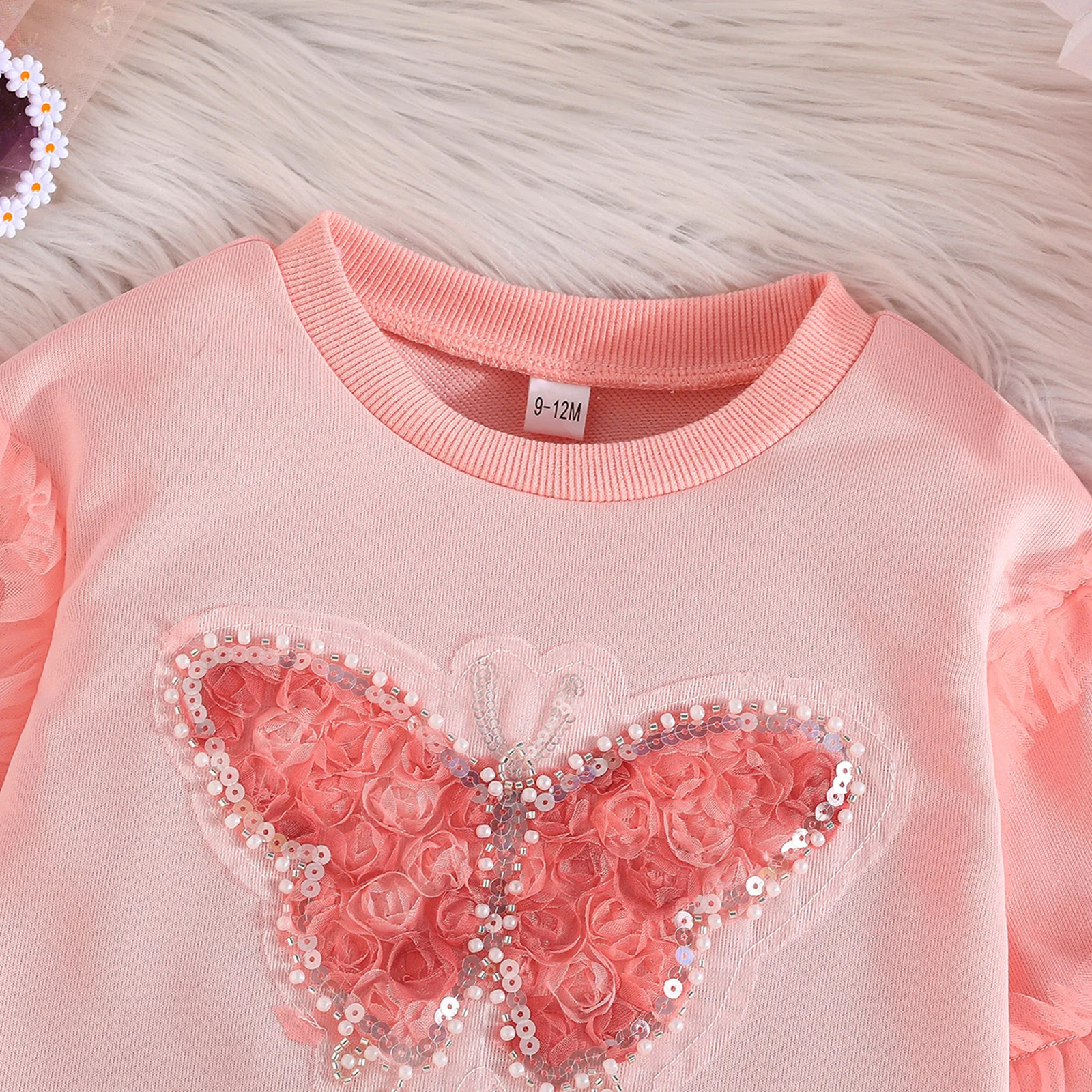 0-5Y Toddler Baby Girl Spring Fall Outfits Sequin Butterfly Ruffled Trim Long Sleeve Sweatshirt with Layered Mesh Skirt 2Pcs Set