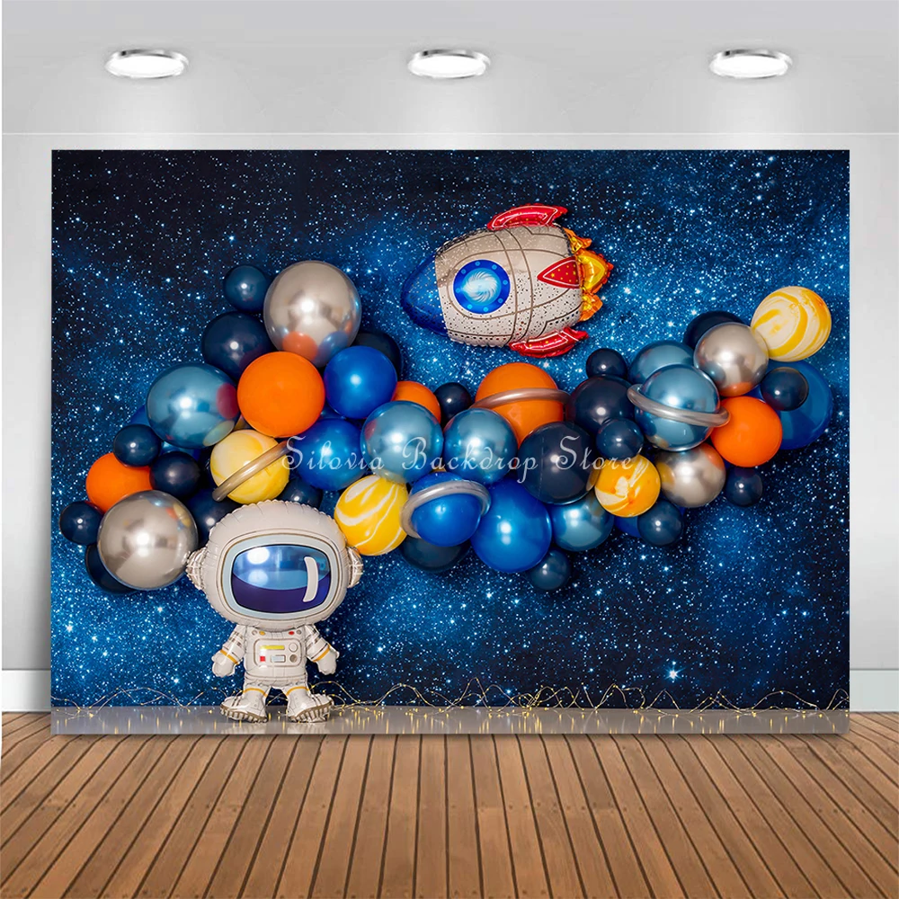 Fondo de fotografía con temática espacial para niños, astronauta, decoración de fiesta de primer cumpleaños, pastel de niño, accesorios de estudio fotográfico