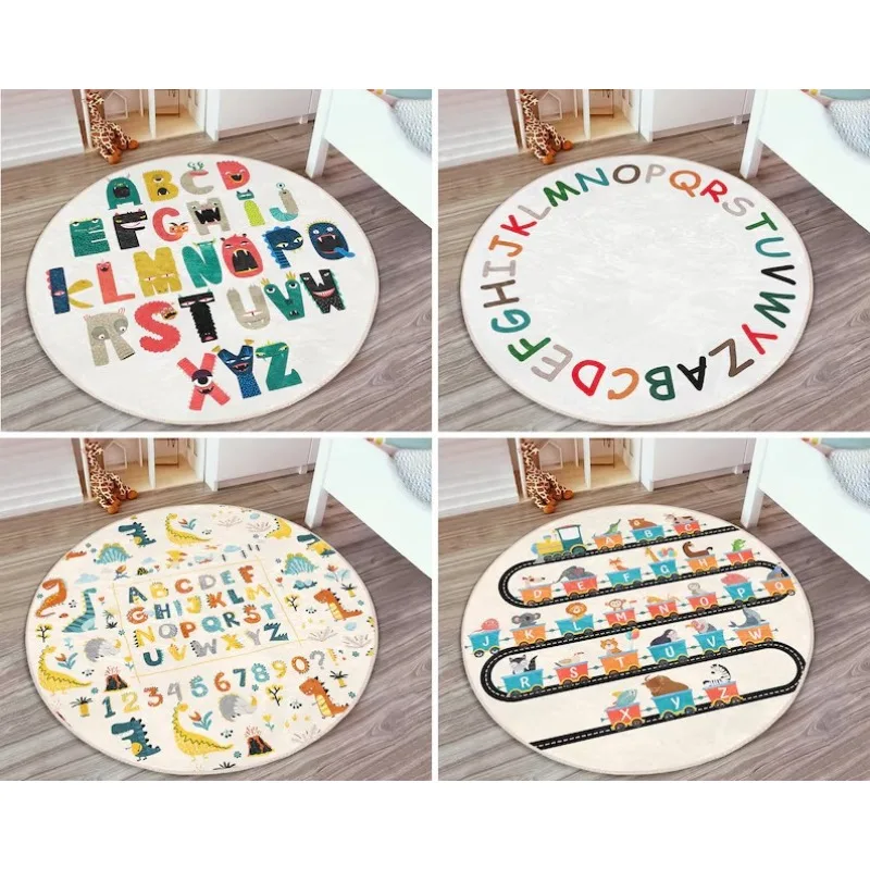 Letters Round Rug Alphabet Floor Carpet Train Non Slip Circle Rugs Animal Anti Slip Beige Toddler Area Rugs for  Room
