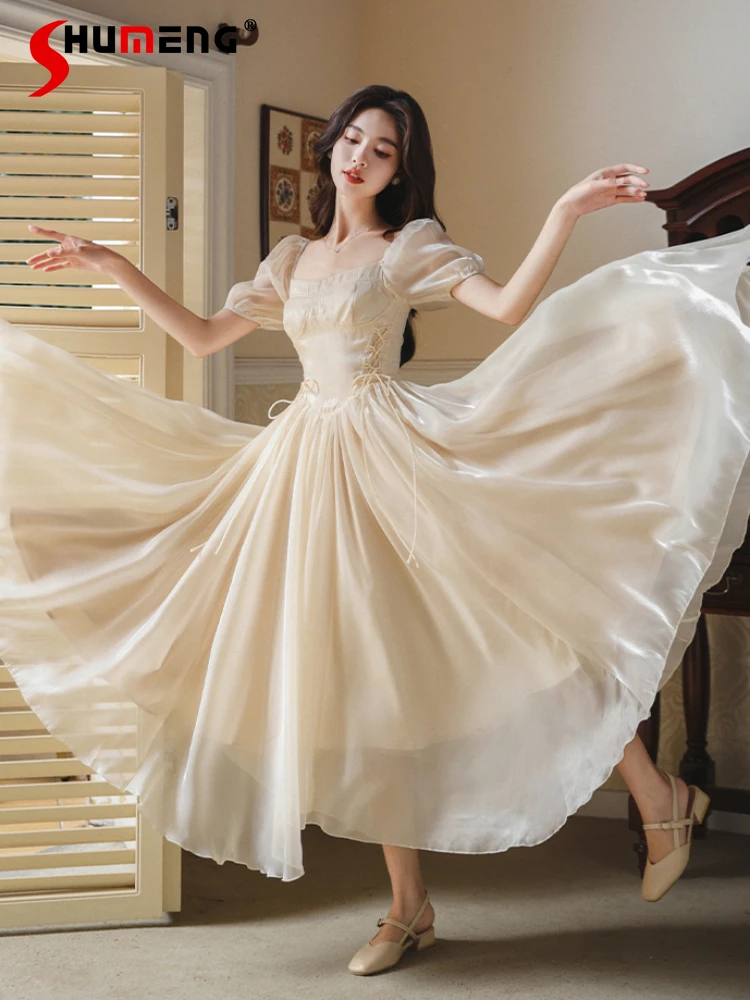 Summer Romantic Ballet Elegant Princess Dress Woman Vintage Victorian Style Bandage Puff Sleeve Chic Fairy Dresses Party Vestido