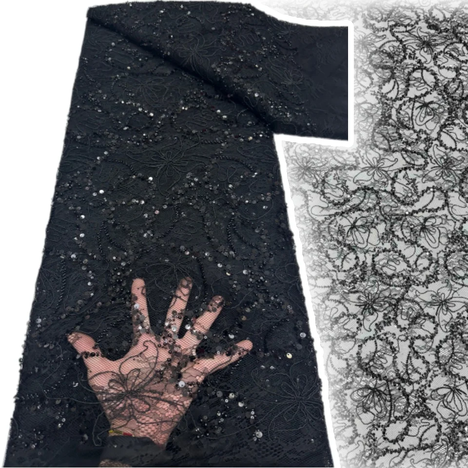 

5 Yards African Lace Fabric 2026 Nigerian Sequins Beaded Wedding Decoration Tulle Lace Fabric Bridal Party Dress Sewing 2769