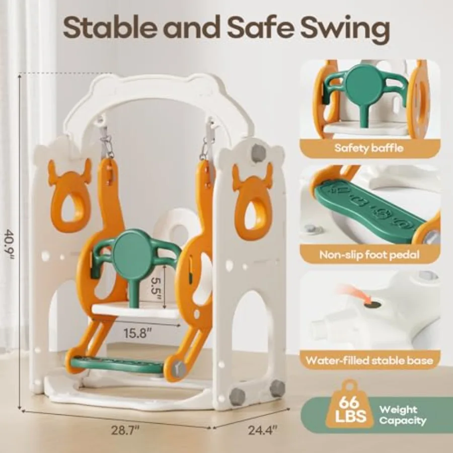 屋内屋外兼用幼児用滑り台とブランコセット 1～3歳向け バスケットゴール付き ドローイングゴルフ イエローグリーン 82×67×41インチ プラスチック製木製