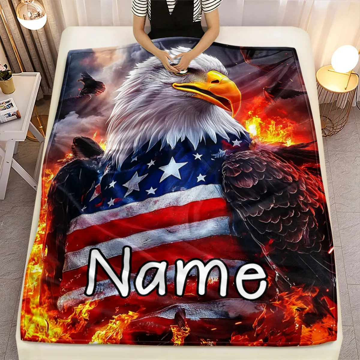 Custom Name American Bald Eagle on Fire Blanket Soft Flannel Bedding with Patriotic Digital Print for Sofa, Bed, Travel, Camping